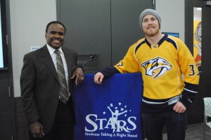 NewsChannel 5's Lelan Statom, college friend of FHM's Nancy McNulty, signed on as campaign team leader and is pictured here with Nashville Predators Colin Wilson. 